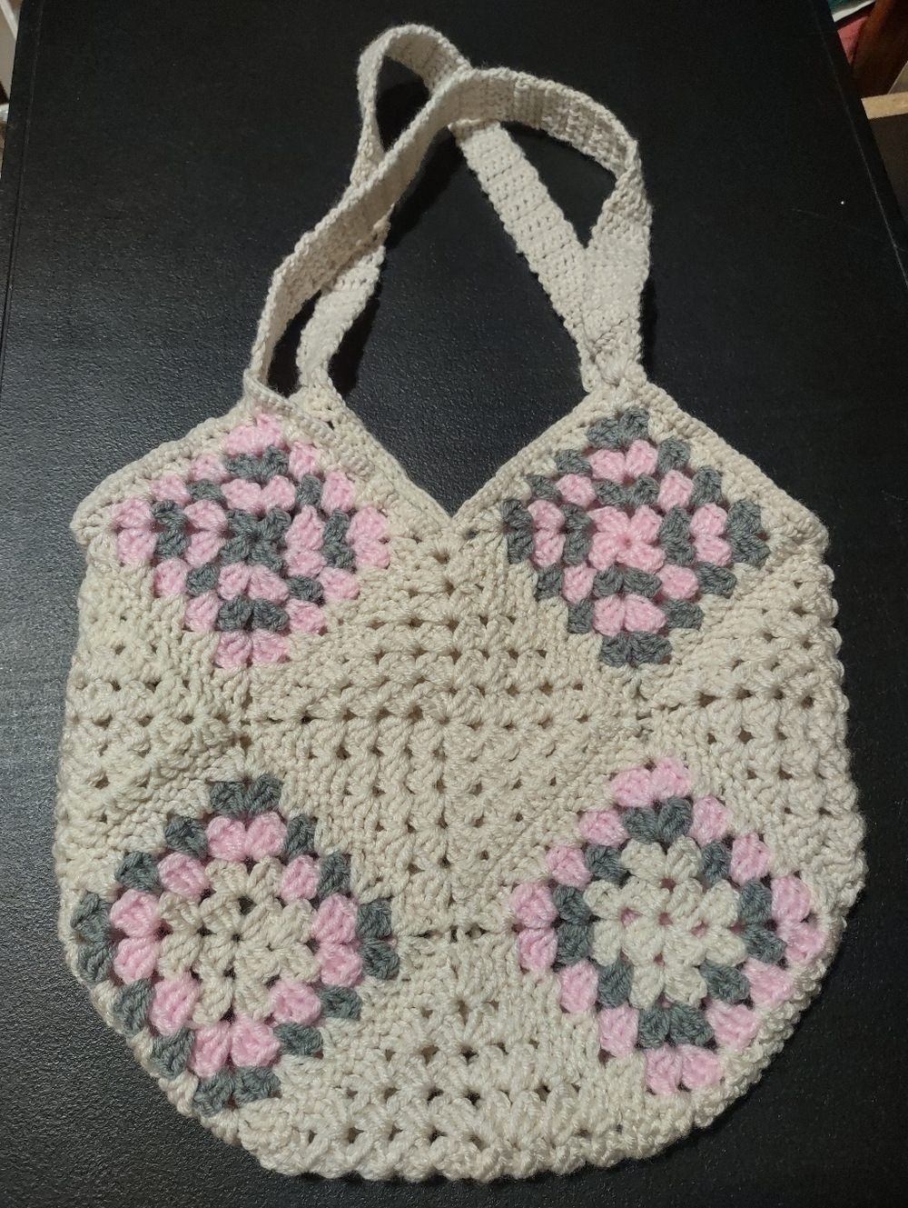 Handmade Crochet Women’s Tote Bag in Cream, Pink & Gray - Picture 4 of 8